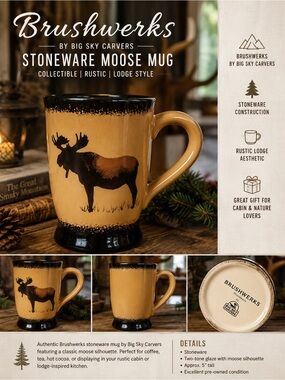 Brushwerks Big Sky Carvers Stoneware Moose Mug Rustic Lodge Cabin Coffee Cup